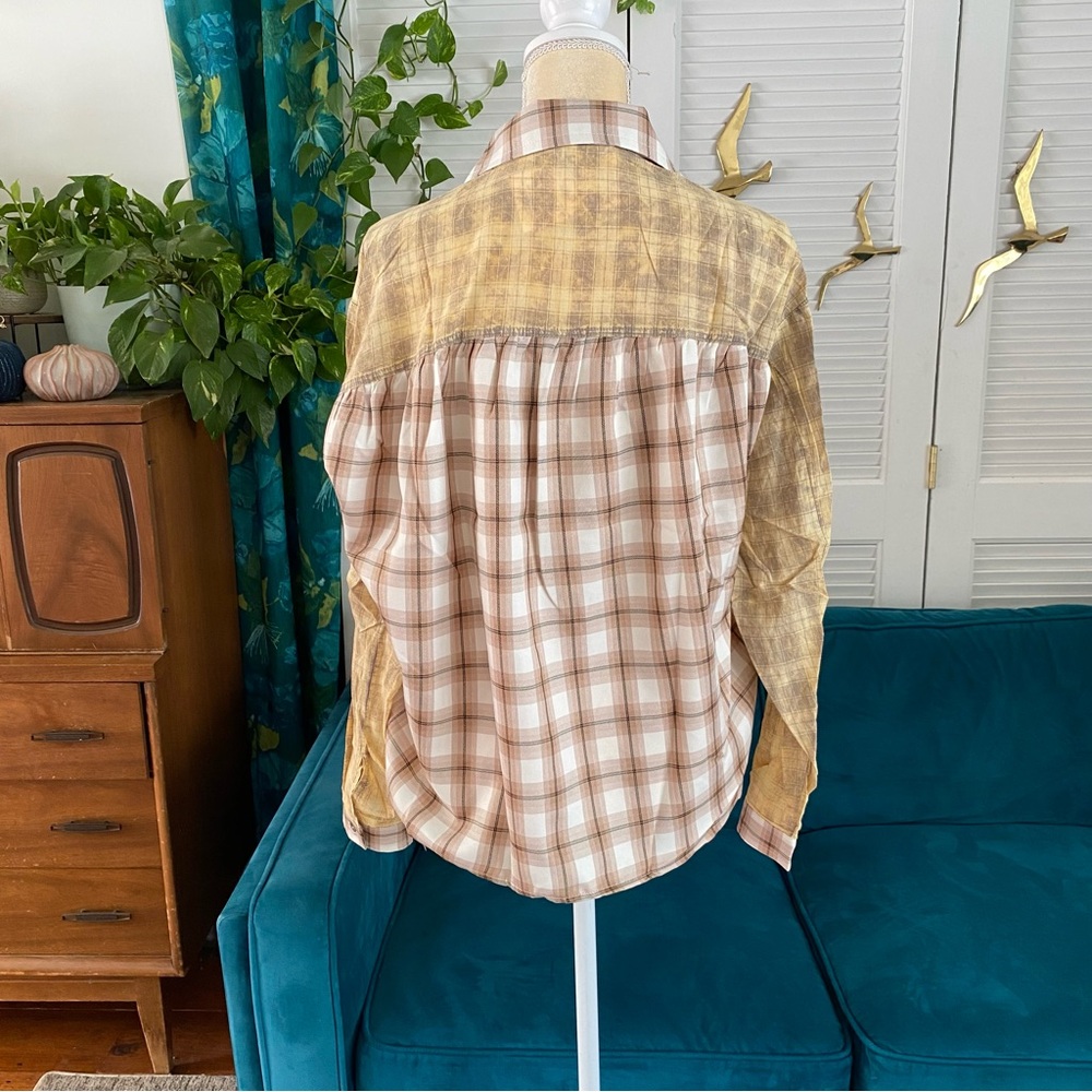 POL Bonfire Plaid Snap Buttondown Shirt Beige Brown Country Layering New Medium - Picture 8 of 11